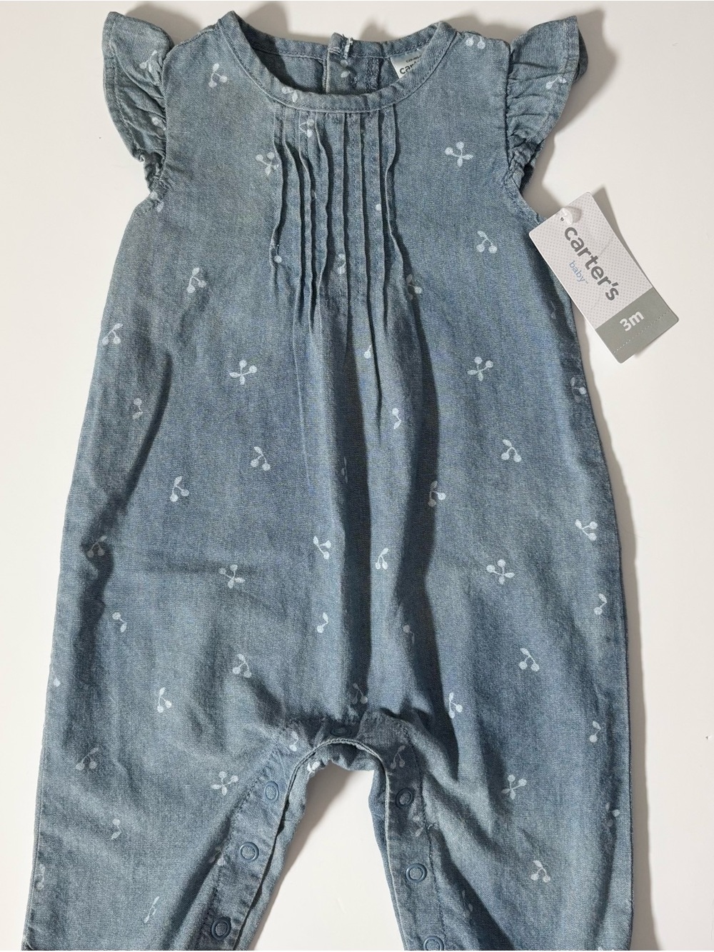 NWT Carter's OshKosh Chambray Cherry Romper 3M Sunsuit Spring Summer Soft Denim